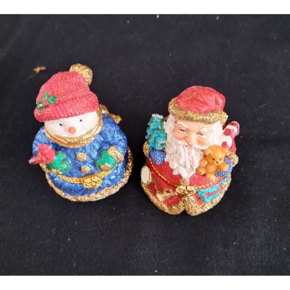 Pair Glittery Enamel Christmas Trinket Box with Clasp Santa Snowman W/Cardinal - Picture 7 of 9